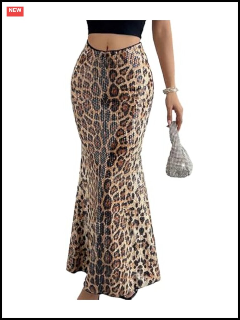 Women's Leopard Sequin Bodycon Maxi Skirt Elastic Waist Party